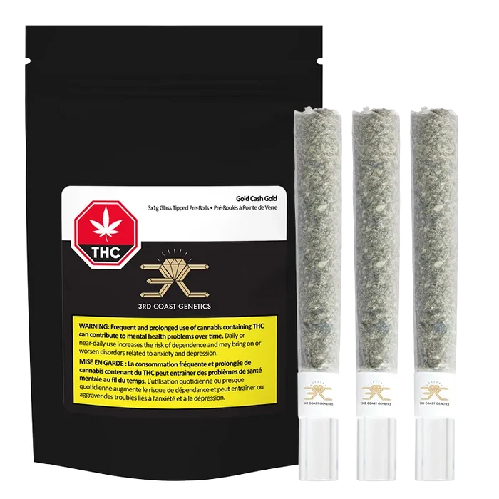 Pack-shot of Gold Cash Gold Glass Tip PR 3 x 1 g showing a black pouch with label beside three clear glass-tipped pre-rolls standing upright.