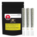 Pack-shot of Gold Cash Gold Glass Tip PR 3 x 1 g showing a black pouch with label beside three clear glass-tipped pre-rolls standing upright.