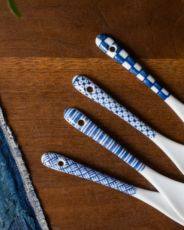 Hand-Painted Porcelain Spoon, Ichiyama, Shiro-Aizome, Basket Weave