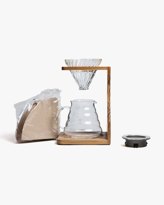 Hario, V60 Olive Wood Pour Over Stand Set, Coffee Dripper