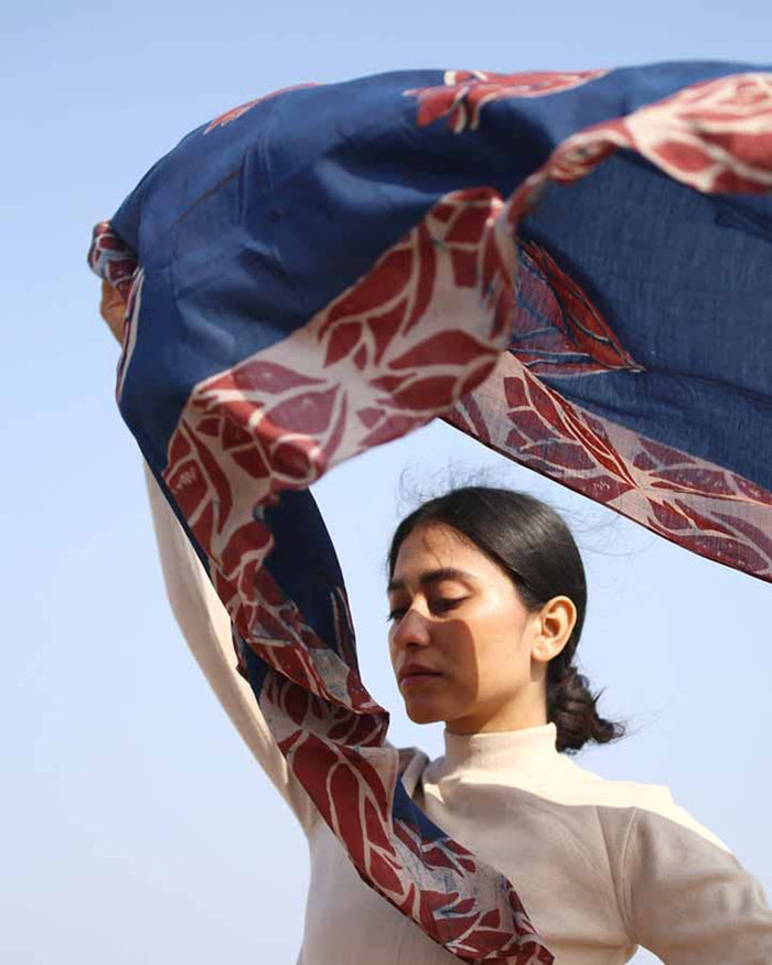 Ichcha, Blue Block Print Scarf, Scarlet 'N Blue