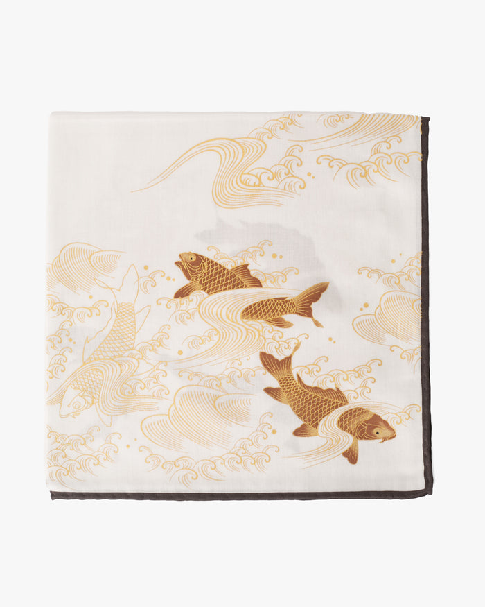 Japanese Handkerchief, Classic, White and Gold Carp