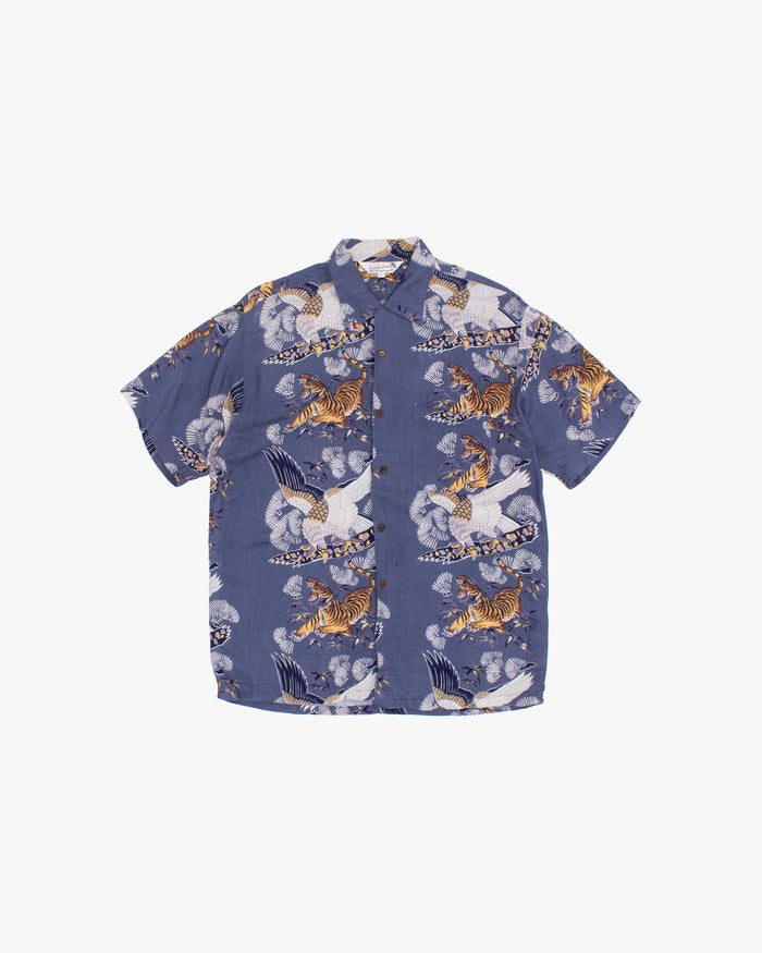 Japanese Repro Aloha Shirt, L, Jungle Storm, Tiger and Eagle on Blue