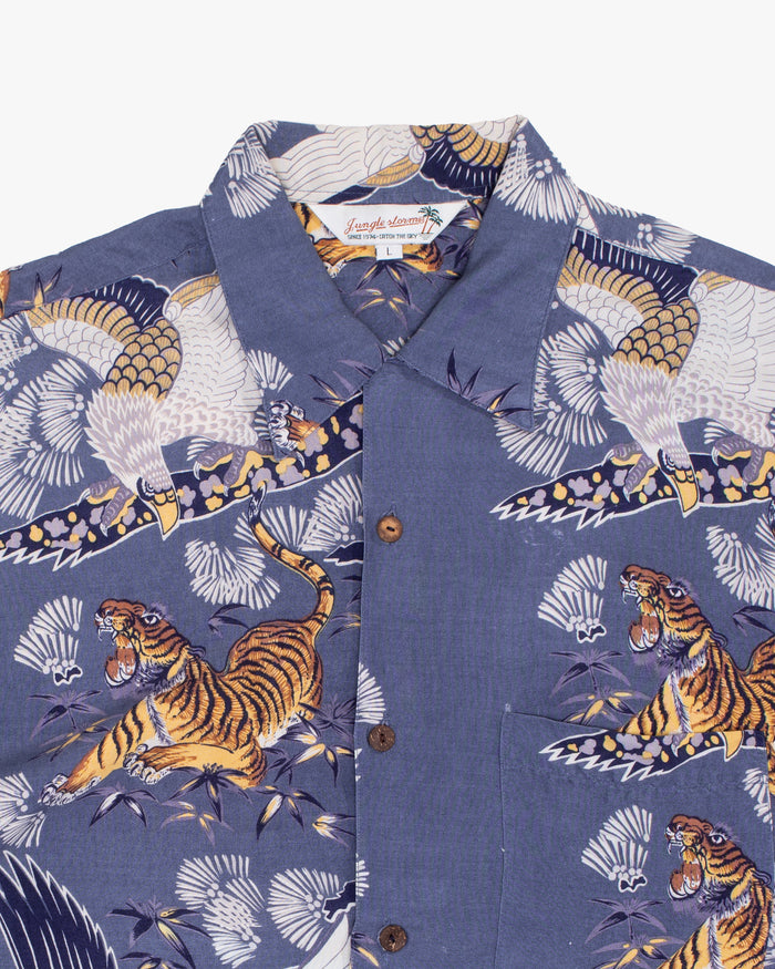 Japanese Repro Aloha Shirt, L, Jungle Storm, Tiger and Eagle on Blue