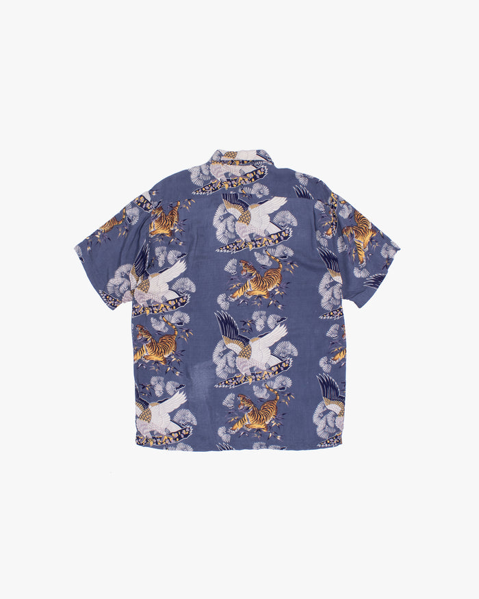 Japanese Repro Aloha Shirt, L, Jungle Storm, Tiger and Eagle on Blue