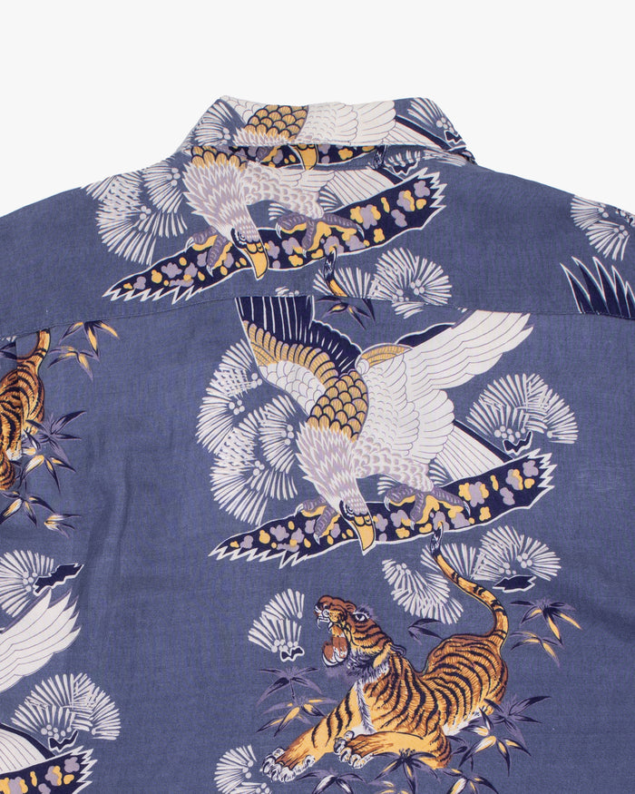 Japanese Repro Aloha Shirt, L, Jungle Storm, Tiger and Eagle on Blue