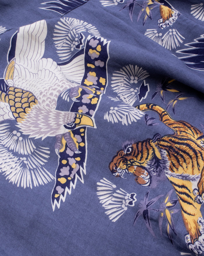 Japanese Repro Aloha Shirt, L, Jungle Storm, Tiger and Eagle on Blue
