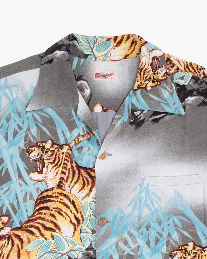 Japanese Repro Aloha Shirt, L, Toyo, Tigers and Bamboo on Grey