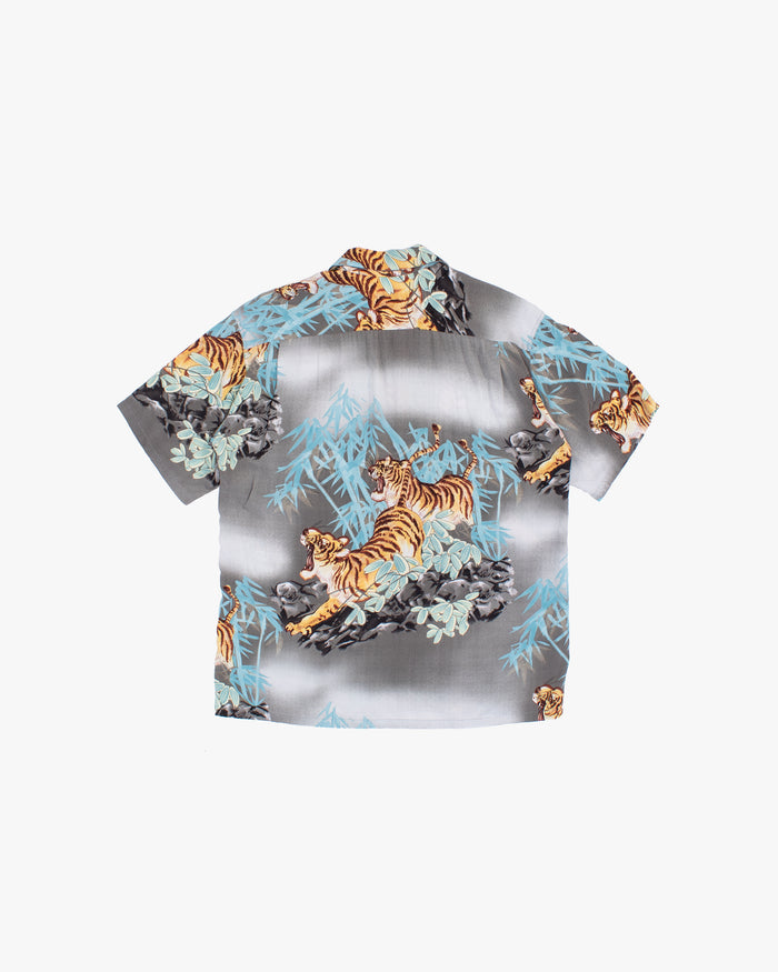 Japanese Repro Aloha Shirt, L, Toyo, Tigers and Bamboo on Grey