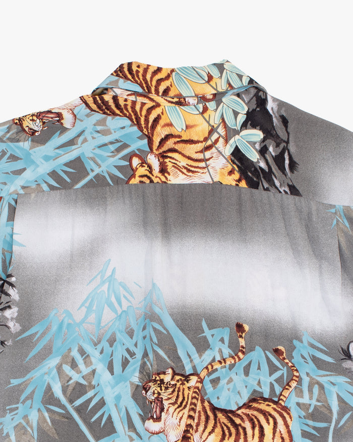 Japanese Repro Aloha Shirt, L, Toyo, Tigers and Bamboo on Grey