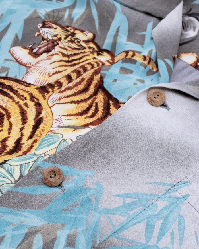 Japanese Repro Aloha Shirt, L, Toyo, Tigers and Bamboo on Grey