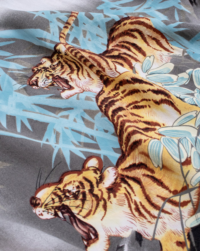 Japanese Repro Aloha Shirt, L, Toyo, Tigers and Bamboo on Grey