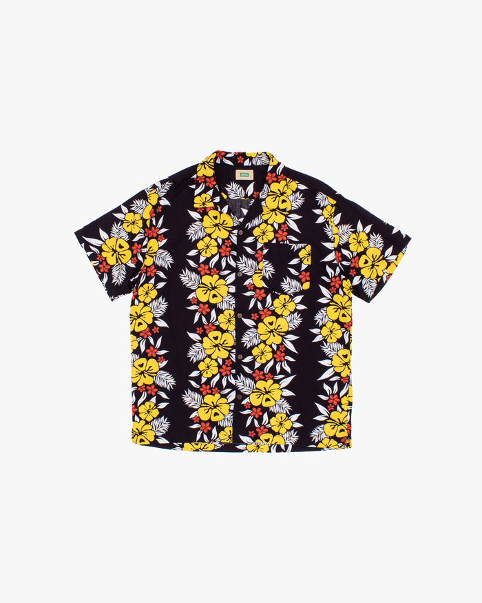 Japanese Repro Aloha Shirt, M, Edwin, Yellow Hibiscus Flowers on Black