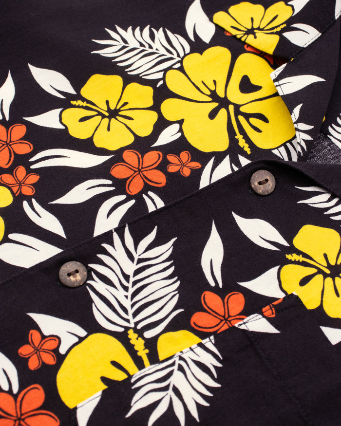 Japanese Repro Aloha Shirt, M, Edwin, Yellow Hibiscus Flowers on Black