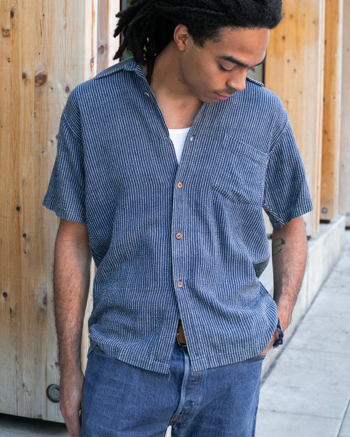 Japanese Repro Button Up Shirt, L, Gaijin Made, Embroidered Striped Navy