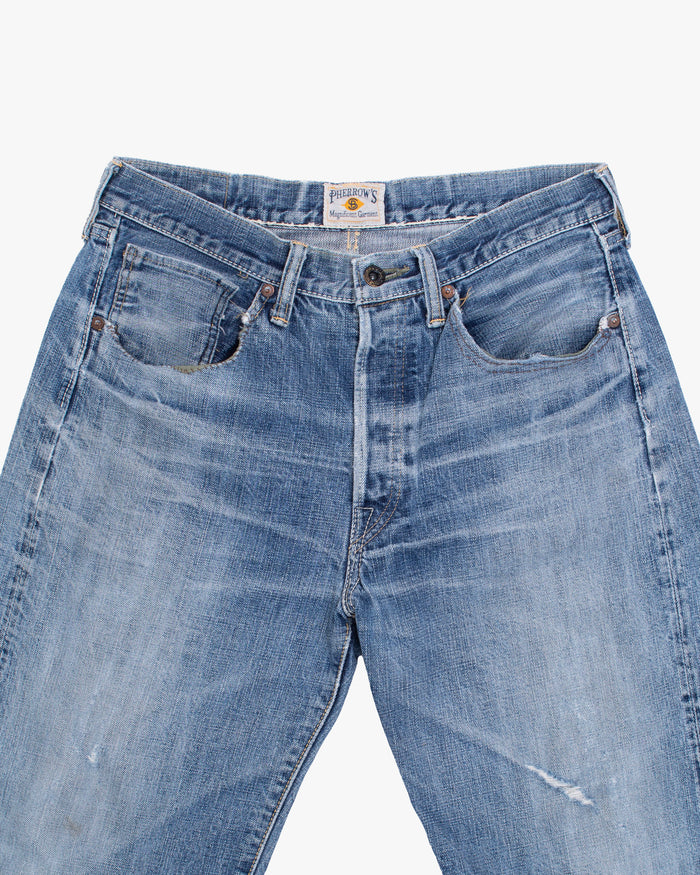 Japanese Repro Denim Jeans, 30, Pherrow's, Light Wash Blue with Distressed Details