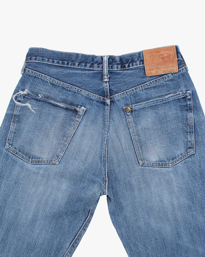 Japanese Repro Denim Jeans, 30, Pherrow's, Light Wash Blue with Distressed Details