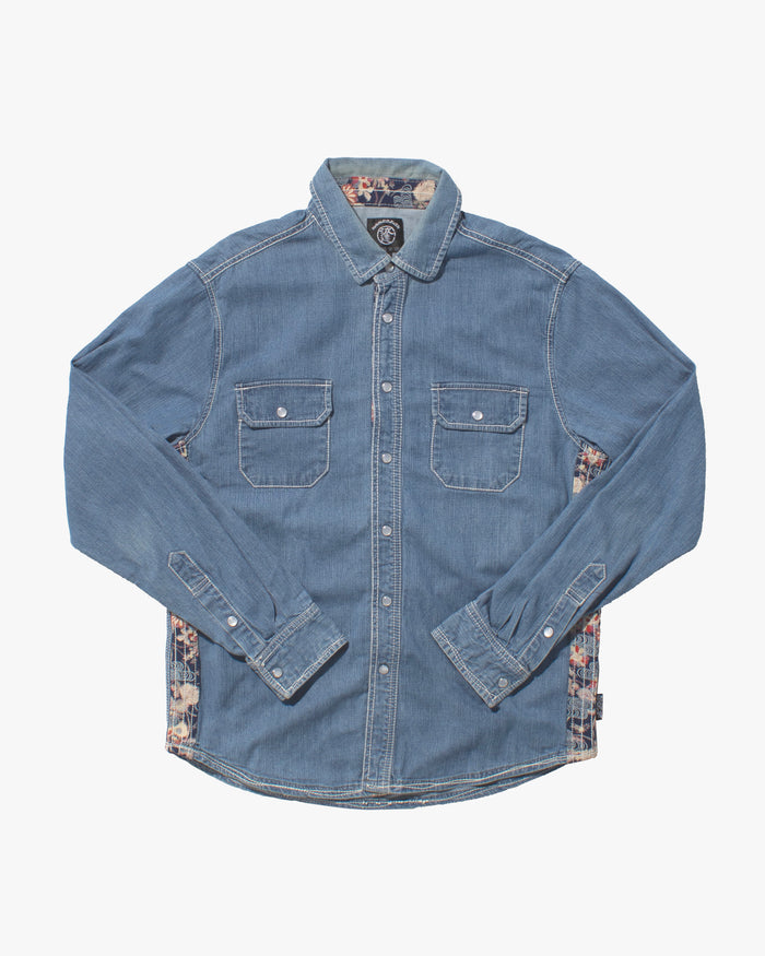 Japanese Repro Denim Shirt, Naminori Tatsujin, Floral Accents - L