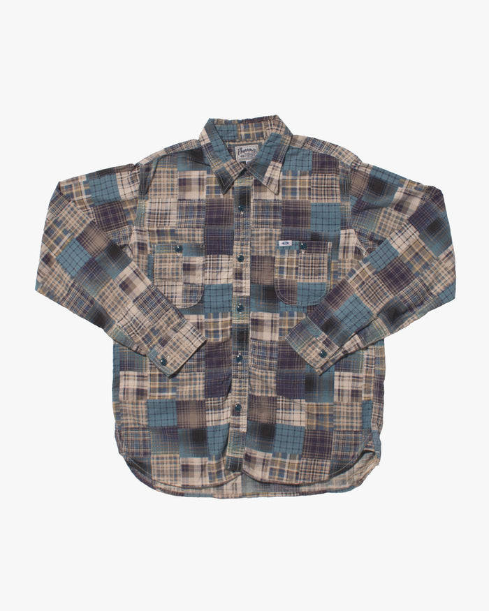 Japanese Repro Flannel Shirt, Pherrow's, Blue Patchwork Plaid - M