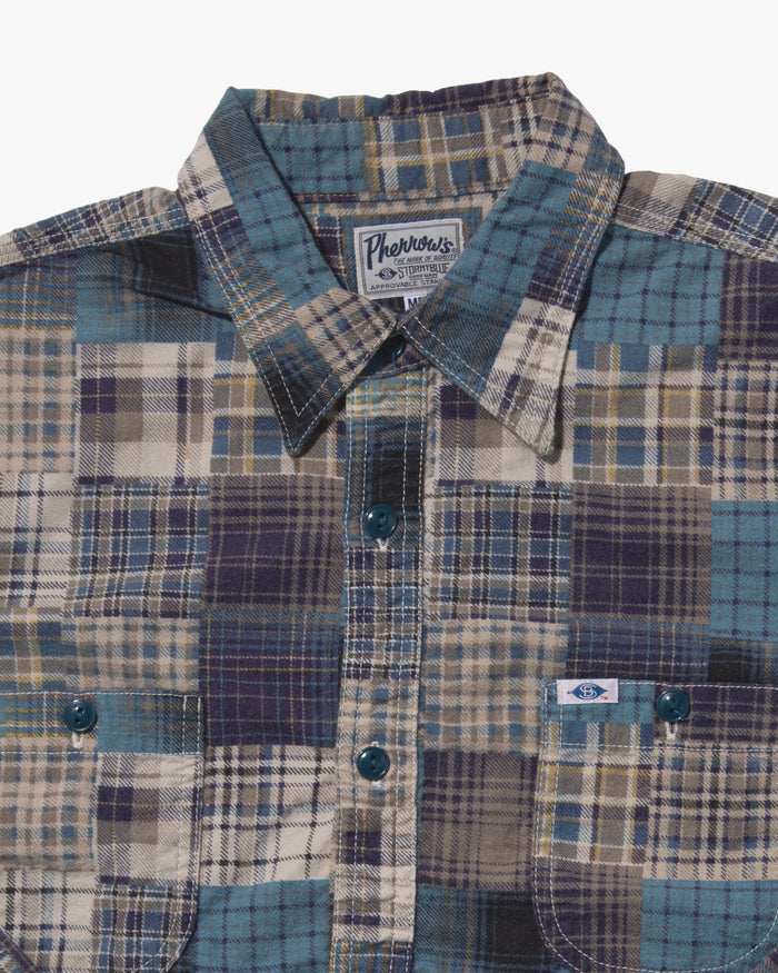 Japanese Repro Flannel Shirt, Pherrow's, Blue Patchwork Plaid - M