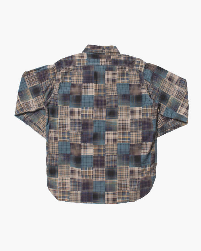 Japanese Repro Flannel Shirt, Pherrow's, Blue Patchwork Plaid - M