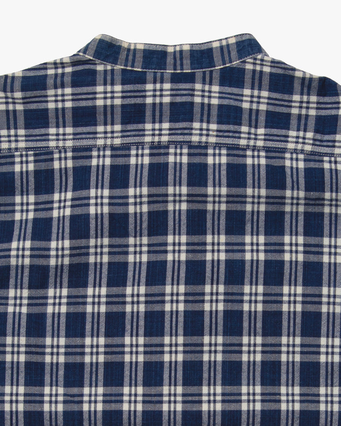 Japanese Repro Long Sleeve Shirt, Sugar Cane, Blue Plaid Mandarin Collar - L