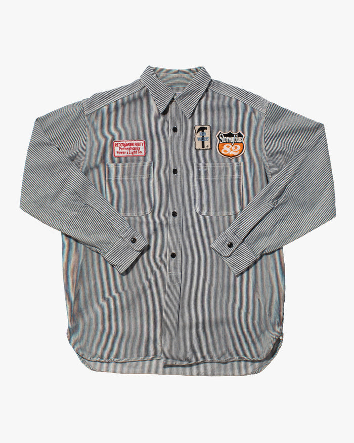 Japanese Repro Longsleeve Shirt, Pherrow's, Navy Stripe with Patches - M