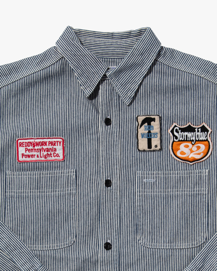Japanese Repro Longsleeve Shirt, Pherrow's, Navy Stripe with Patches - M