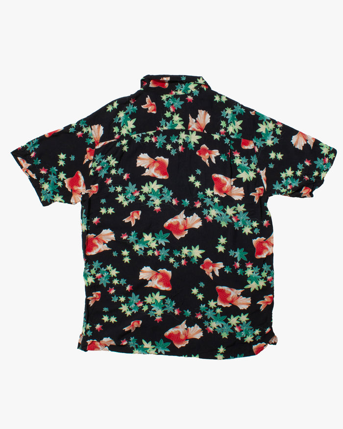 Japanese Repro Shirt, Short Sleeve Aloha Shirt, Roushatte Aloha, Black with Red Fish and Leaves - L