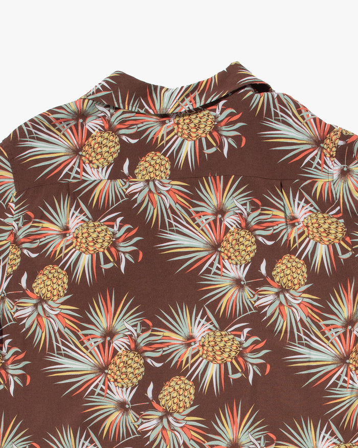 Japanese Repro, Short Sleeve Aloha Shirt, Kaluluwa Brand, Brown with Yellow and Green Pineapples