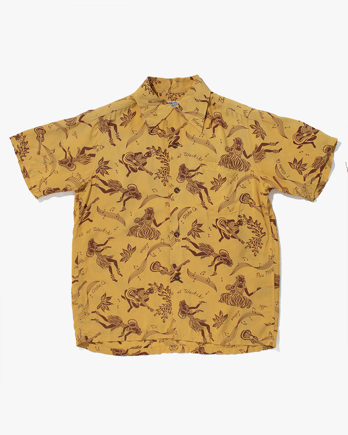 Japanese Repro, Short Sleeve Aloha Shirt, Sun Surf Brand, Yellow with Musical Dancers - S