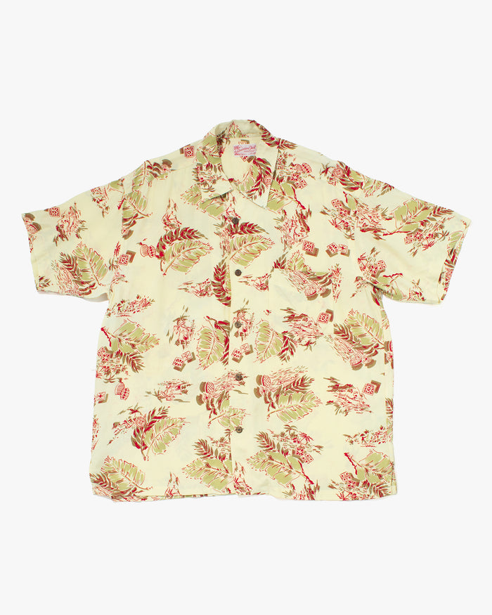 Japanese Repro, Short Sleeve Aloha Shirt, Sun Surf, Pale Yellow with Red Botanical - XL