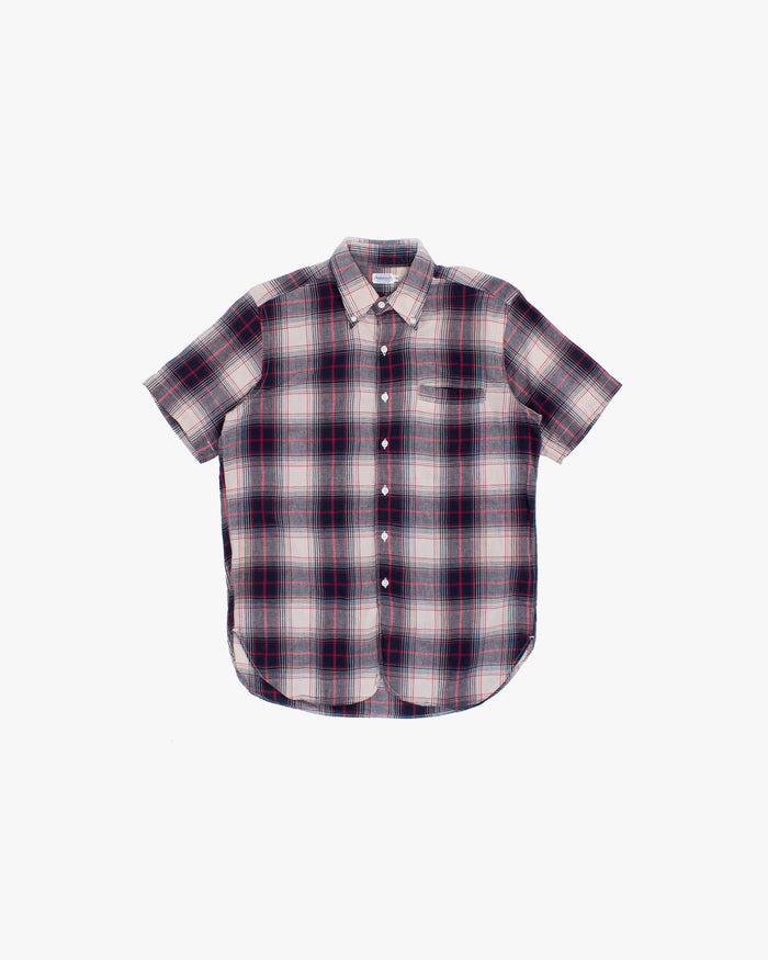 Japanese Repro Short-Sleeve Shirt, M, Warehouse & Co, Red and Navy Plaid