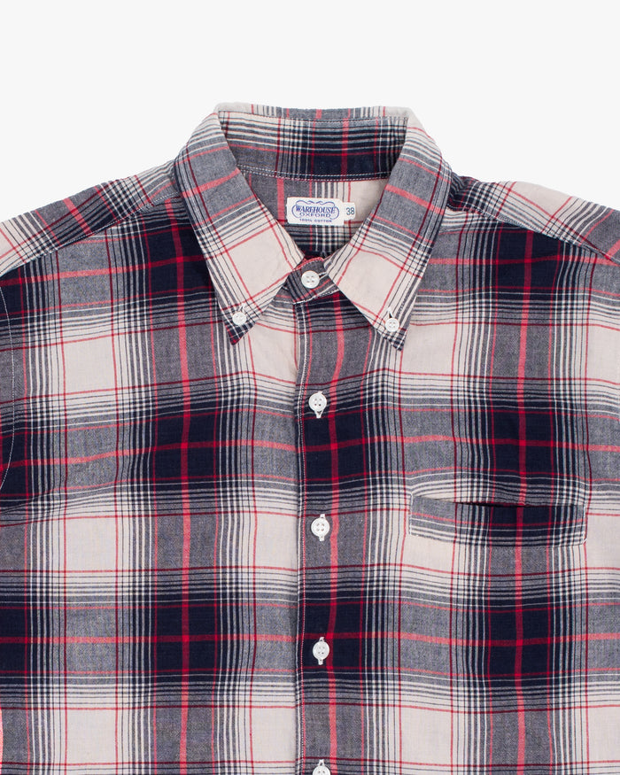 Japanese Repro Short-Sleeve Shirt, M, Warehouse & Co, Red and Navy Plaid