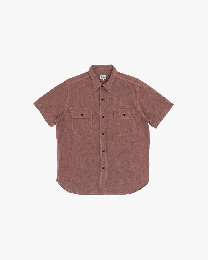 Japanese Repro Short-Sleeve Shirt, XL, Jelado, Brown with Orange and Red Stitching Details