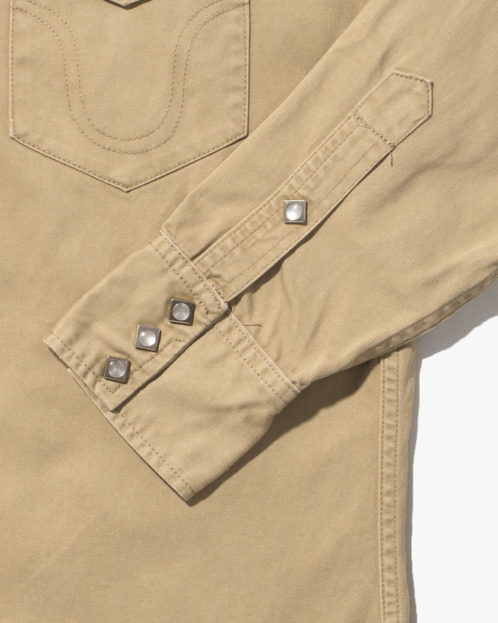 Japanese Repro, Stormy Blue, Western Tan Canvas Long Sleeve Shirt - L