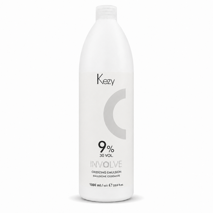 Kezy Involve Oxidizing Emulsion 1000ml 9% 30 Vol. in a white professional bottle with a screw cap, displayed on a clean white background. Cream developer for permanent hair colouring and lightening services.