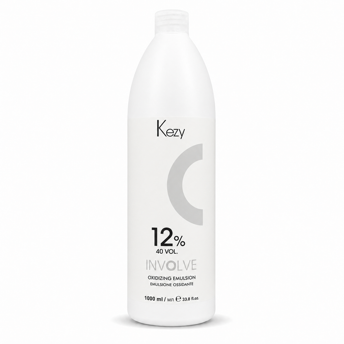 Kezy Involve Oxidizing Emulsion 1000ml 12% 40 Vol. in a white professional bottle with a screw cap, displayed on a clean white background. Cream developer for high-lift hair colouring and bleaching services.