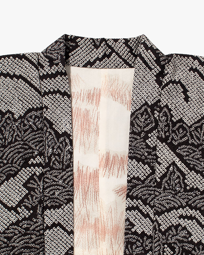 Kiriko Custom, Altered Haori Jacket, Full Shibori, Black with White Seigaiha and Leaves