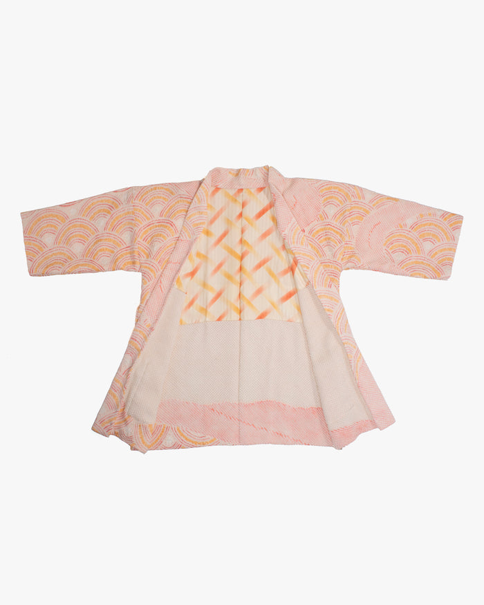 Kiriko Custom, Altered Haori Jacket, Full Shibori, Seigaiha, Light Pink and Orange