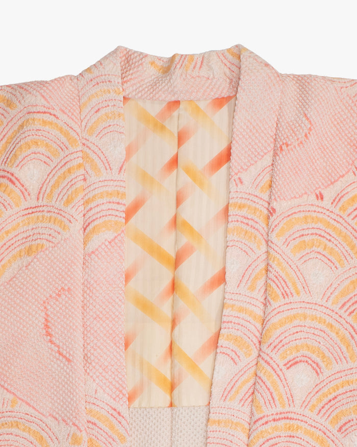 Kiriko Custom, Altered Haori Jacket, Full Shibori, Seigaiha, Light Pink and Orange