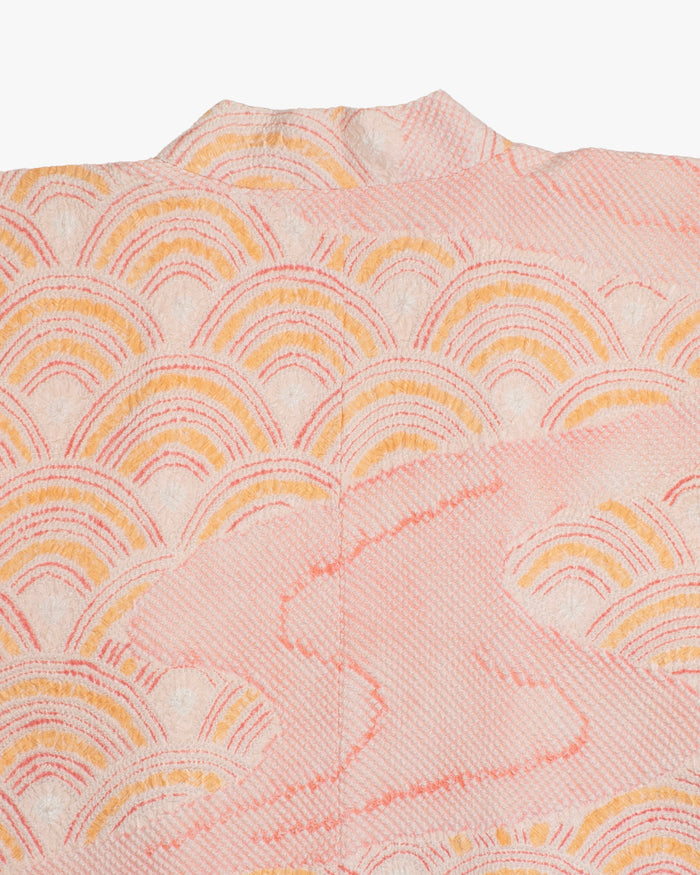 Kiriko Custom, Altered Haori Jacket, Full Shibori, Seigaiha, Light Pink and Orange