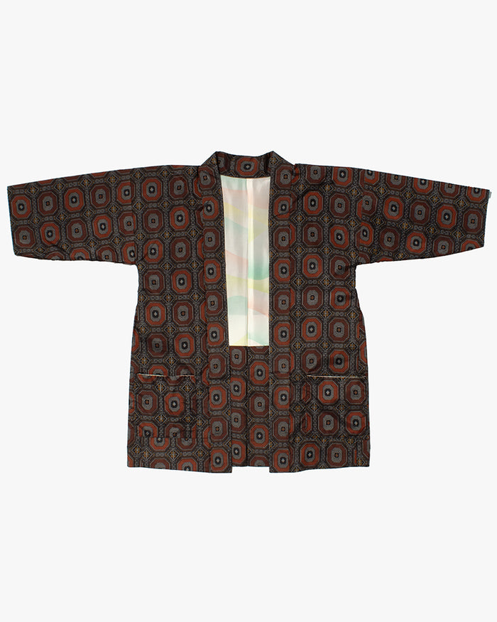 Kiriko Custom, Altered Kimono Jacket, Gray with Red Geometric Pattern and Yellow Accents