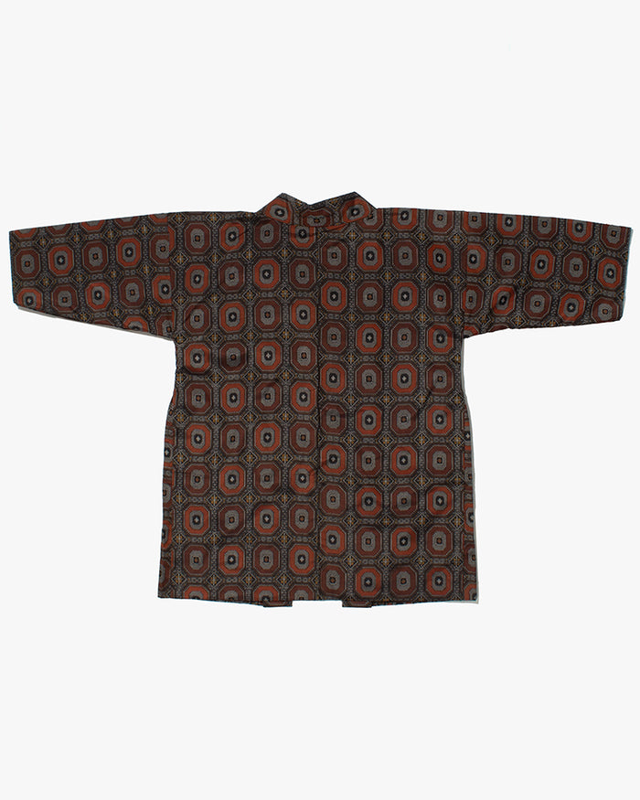 Kiriko Custom, Altered Kimono Jacket, Gray with Red Geometric Pattern and Yellow Accents