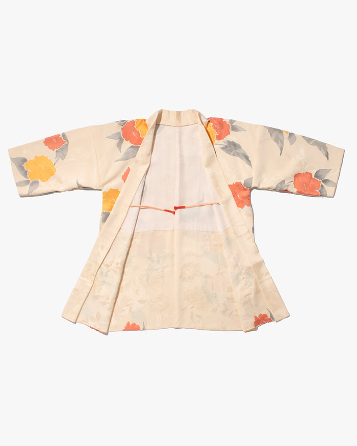 Kiriko Custom, Altered Kimono Jacket, Orange Flowers with Gray Leaves