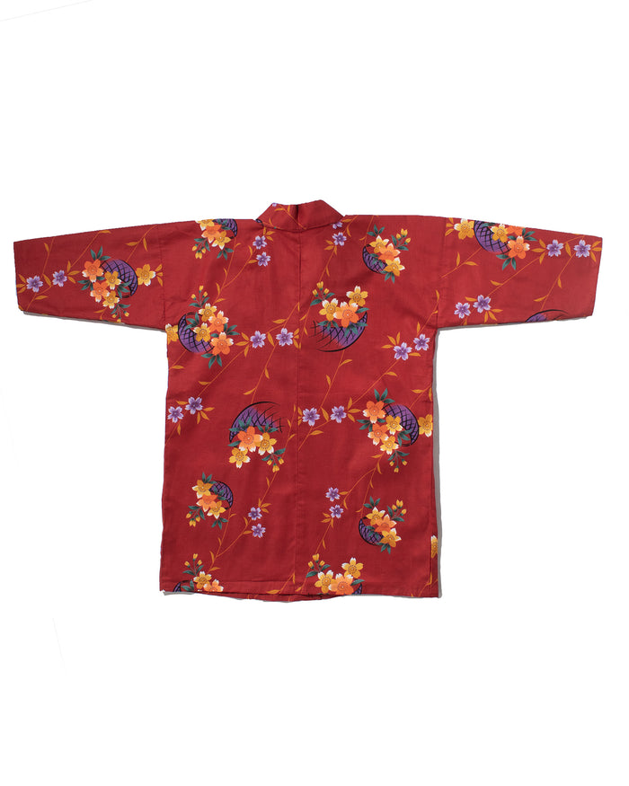 Kiriko Custom, Altered Yukata Jacket, Red with Multi color flowers and Purple Accents