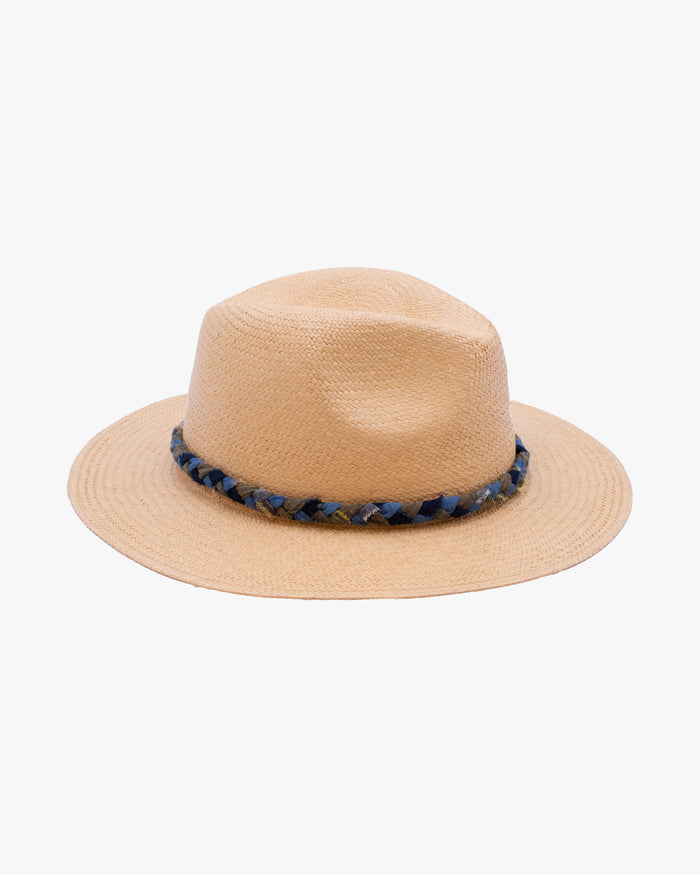 Kiriko Custom Panama Hat, Straw, Braided Green Kasuri, Indigo and Light Indigo