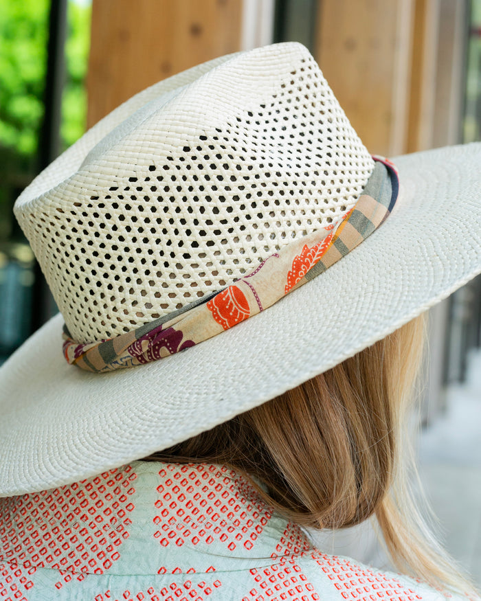Kiriko Custom Panama Hat, Straw, Braided Indigo Katazome, Shades of Burgundy, Orange, and Blue Plaid