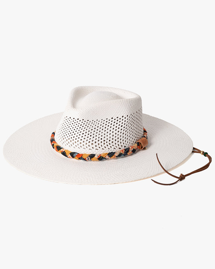 Kiriko Custom Panama Hat, Straw, Braided Indigo Katazome, Shades of Orange Plaid