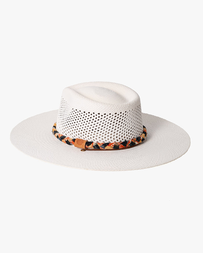 Kiriko Custom Panama Hat, Straw, Braided Indigo Katazome, Shades of Orange Plaid
